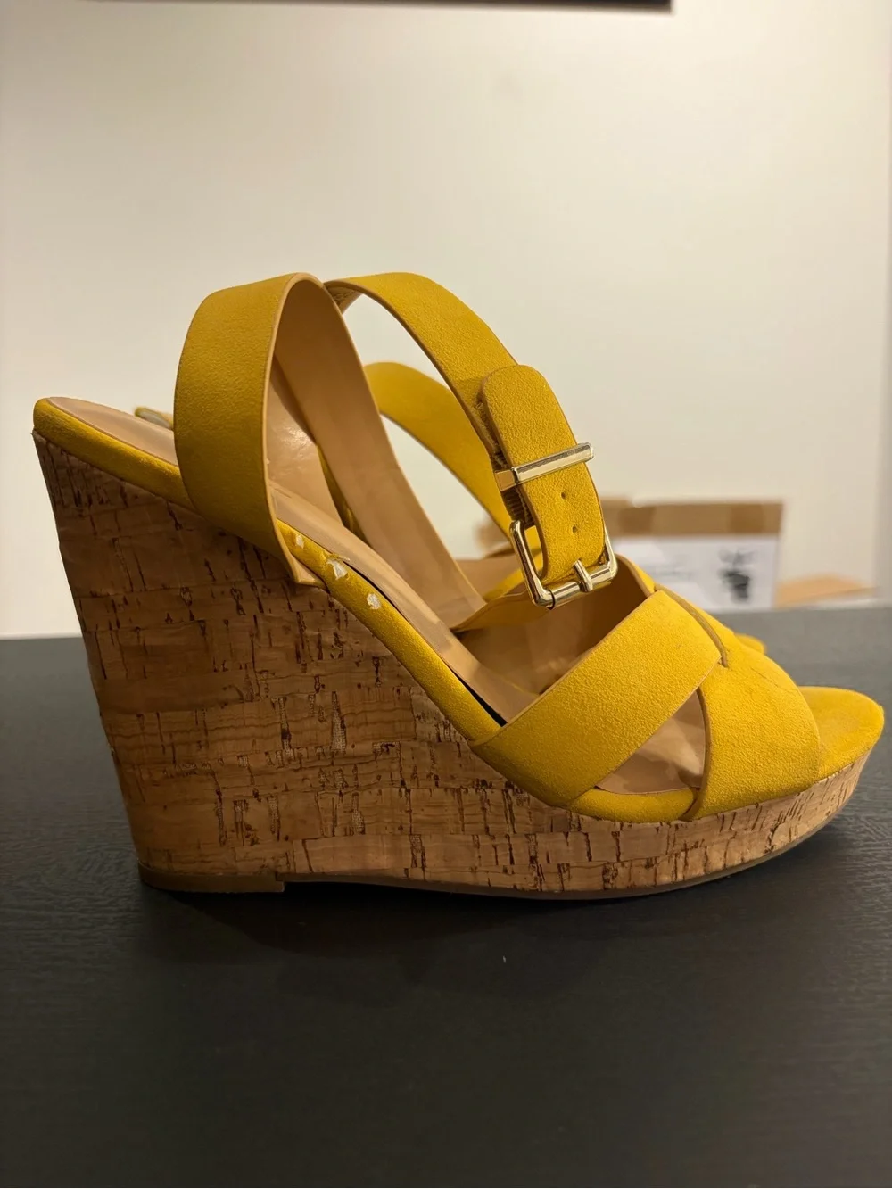 H&M Yellow Cork Wedge Sandals with Ankle Buckle